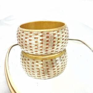 Vintage Handmade Copper Brass Bangle Woven Look Textured Wide Statement Cuff 3"